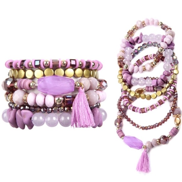 1 LEFT! Boho Charm Lavender Stacking Stretchy Tassel Charm Bracelets - Picture 2 of 3